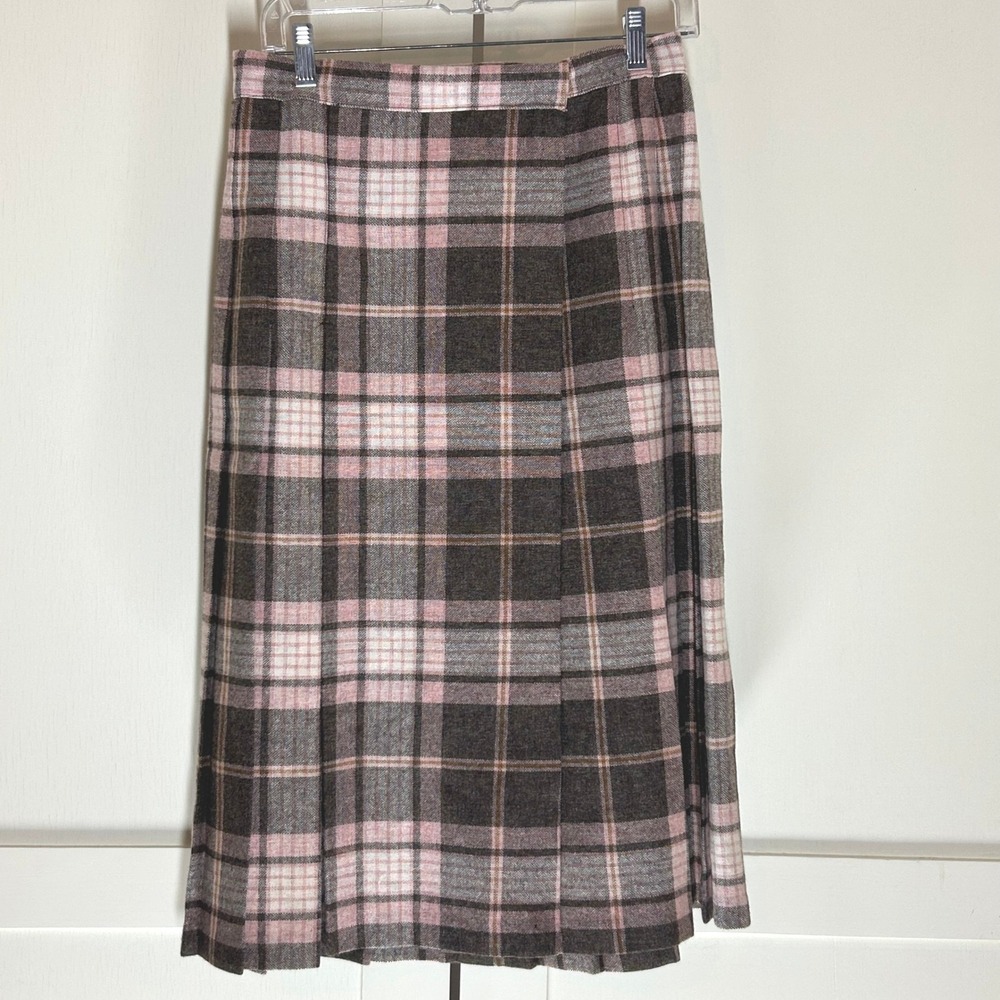 Vintage Plaid Pleated Midi Skirt Women Size 14 Brown Pink Wrap Academia Style